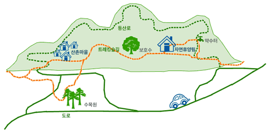 숲길체계도2  - 수목원, 산촌마을, 트레킹숲길, 보호수, 자연휴양림, 약수터, 등산로가 표시되어 있다.